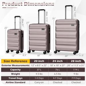 3-Piece Hardside Luggage Set 20/24/28 Inch Lightweight Hardside Suitcases
