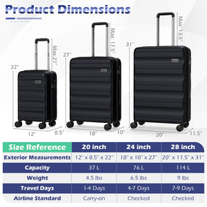 3-Piece Hardside Luggage Set 20/24/28 Inch Lightweight Hardside Suitcases