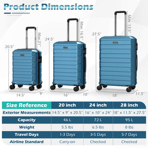 3-Piece Hardside Luggage Set Lightweight Hardside Suitcases with 8-Spinner Wheels