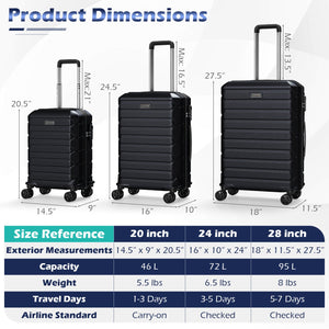 3-Piece Hardside Luggage Set Lightweight Hardside Suitcases with 8-Spinner Wheels