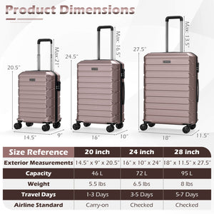 3-Piece Hardside Luggage Set Lightweight Hardside Suitcases with 8-Spinner Wheels