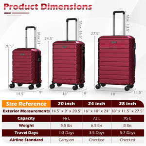 3-Piece Hardside Luggage Set Lightweight Hardside Suitcases with 8-Spinner Wheels
