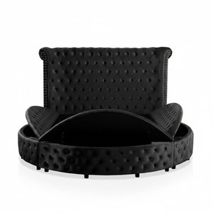 Glam Button Tufted Wingback Round Bed With Storage And USB Ports