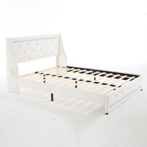 Wingback Upholstered Bed Frame With LED Lights, Charging Station