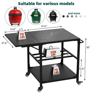 Outdoor Grill Table, Prep Cart With Wheels, Storage Shelf And Hooks - Black