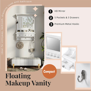Floating Makeup Vanity With Big Mirror, Wall Mounted Storage Vanity With Drawers, Pockets & Hooks, Space Saving Decorative Home Organizer - White