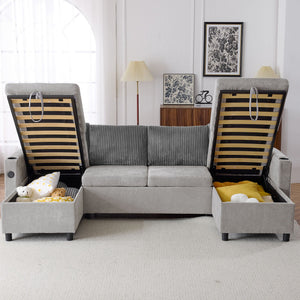 Sectional Sofa Bed With Pull Out Sleeper, USB Ports, Cup Holders