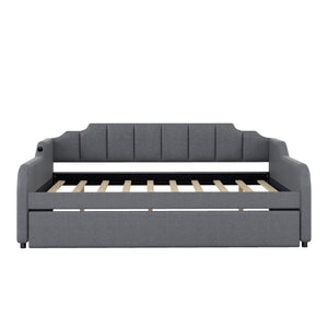 Full Size Upholstered Daybed With Trundle And USB Charging - Gray