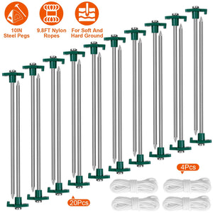 Tent Pegs Ropes Set 20Pcs 9.8in Heavy Duty Tent Stakes Nails Spike with 4x 9.8ft Nylon Ropes Tent Pop Up Canopy Stakes