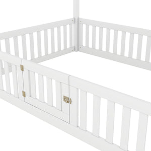 Wood House Bed With Fence And Door