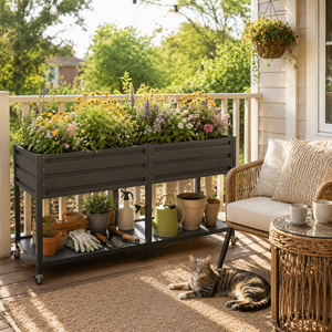 Dual Tier Elevated Metal Raised Garden Bed with Lockable Wheels & Lower Storage Shelf
