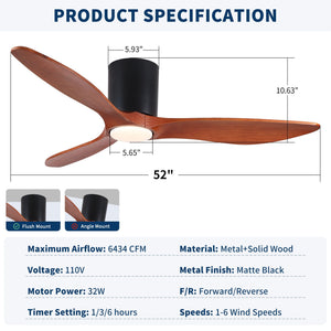 Low Profile Flush Mount Ceiling Fan With Light And Reversible Quiet Motor - Matte Black