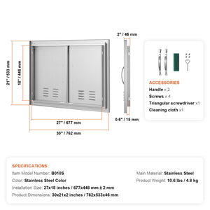 BBQ Access Door, 30W x 21H Inch Double Stainless Steel Outdoor Kitchen Door