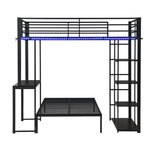 Metal Loft Bed Frame with LED Light Strip, Side Storage Shelves & Built-in Desk
