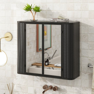 Black Wall-Mounted Bathroom Cabinet with Mirror, 2 Mirrored Doors & Open Shelf