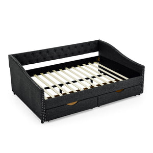 Upholstered Tufted Daybed With 2 Drawers, Waved Arms