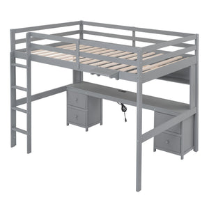 Loft Bed With Desk, Cabinets, Drawers, Charging Station And Bedside Tray
