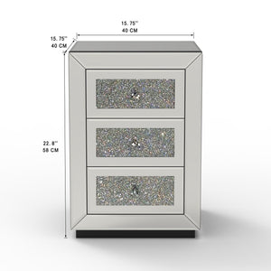 3 Drawer Nightstand With Glass Accents, Bedside Table For Bedroom - Silver