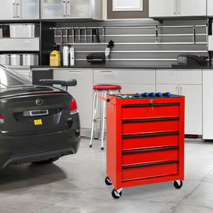 Rolling Metal Tool Chest with 5 Drawers, 20" Steel Cabinet - Red