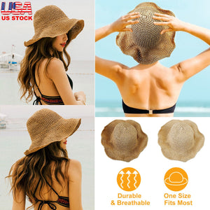 Ladies Summer Sun Hats Women Wide Brim Straw Floppy Panama Cap Roll up Beach Hat Packable Summer Cap For Women