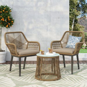 Conversation Set With Tempered Glass Table Top - Light Brown