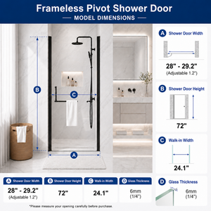 28"-29.2" x 72" Semi-Frameless Pivot Shower Door