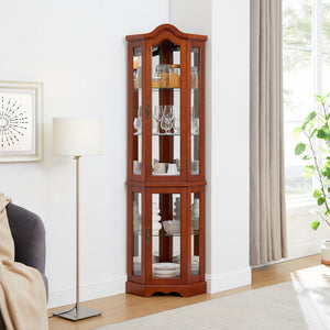 Corner Curio Cabinet With Lights, Adjustable Shelves, Mirrored Back - Walnut
