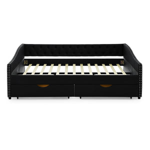 Upholstered Tufted Daybed With 2 Drawers, Waved Arms