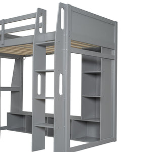Gaming Loft Bed With Desk, Multi Storage Shelves, LED Lighting, And Hanging Clothes Rack