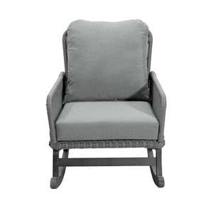 Modern 3 Piece Outdoor Seating Set with Cushioned Rattan Rocking Chairs and Wooden Accent Table