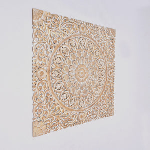 Floral Hand Carved Mandala Square Wall Decor With Spiritual Symbolism - Gold / White