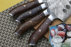 4 Piece Handmade Chef Knife Set, 4 Piece Damascus Steel Knife Set, Kitchen Knife Set with Leather Cover