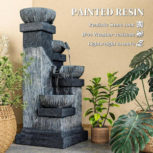 4-Tier Resin Cascading Bowls Outdoor Waterfall Fountain with LED Lights - Grey