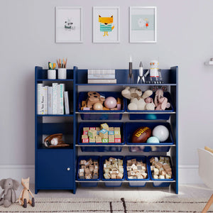 Sturdis Kids Toy Storage Organizer with Bookshelf and 8 Toy Bins, Dark Blue