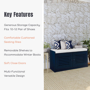 Sturdis Modern Shoe Storage Cushioned Seat Bench with Adjustable Shelves, Blue