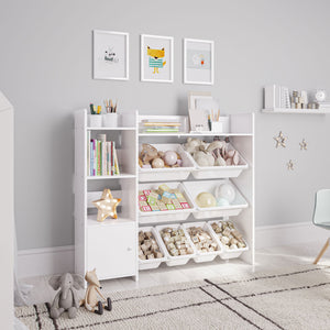 Sturdis Kids Toy Storage Organizer with Cabinet, Bookshelf and 8 Toy Bins, White
