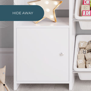 Sturdis Kids Toy Storage Organizer with Cabinet, Bookshelf and 8 Toy Bins, White