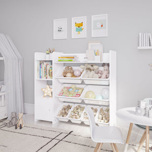 Sturdis Kids Toy Storage Organizer with Cabinet, Bookshelf and 8 Toy Bins, White