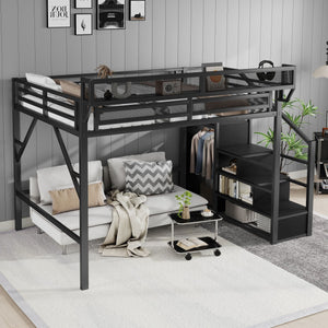 Queen Size Loft Bed With Stairs, Storage Shelves, Wardrobe - Black