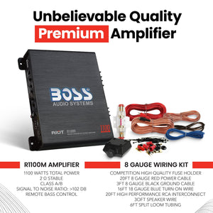 New BOSS R1100M 1100W Mono Car Audio Amplifier Amp & 8 Gauge Amp Wiring Kit - TRAPSKI