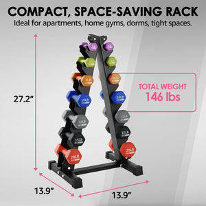 HolaHatha 146 Pound Neoprene Dumbbell Full Body Weight Set with Storage Rack