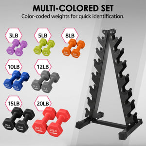 HolaHatha 146 Pound Neoprene Dumbbell Full Body Weight Set with Storage Rack