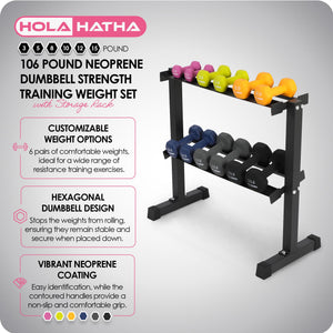 HolaHatha 106 Pound Neoprene Dumbbell Strength Training Weight Set with Rack - TRAPSKI