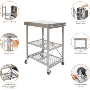 Origami RBT Fully Stainless Steel Foldable Kitchen Cart with Wheels, Silver - TRAPSKI