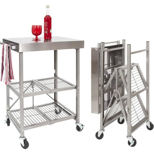 Origami RBT Fully Stainless Steel Foldable Kitchen Cart with Wheels, Silver - TRAPSKI