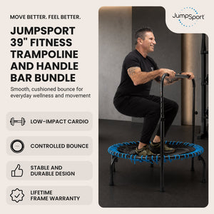 JumpSport 350 Series 39" Trampoline & Handle Bar Bundle, 30 Adjustable Bungees, Stable No-Tip Arched Legs, & 60 Day Streaming Trial