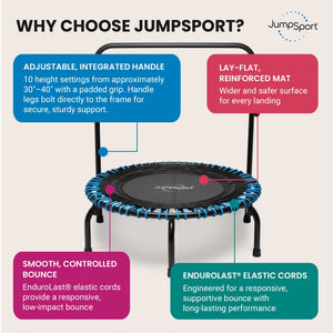 JumpSport 350 Series 39" Trampoline & Handle Bar Bundle, 30 Adjustable Bungees, Stable No-Tip Arched Legs, & 60 Day Streaming Trial