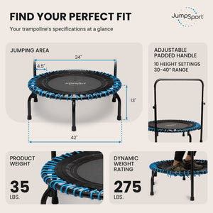 JumpSport 350 Series 39" Trampoline & Handle Bar Bundle, 30 Adjustable Bungees, Stable No-Tip Arched Legs, & 60 Day Streaming Trial