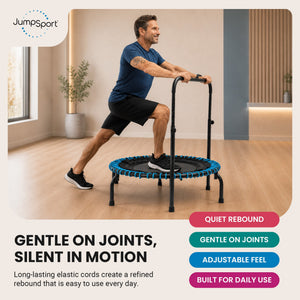 JumpSport 350 Series 39" Trampoline & Handle Bar Bundle, 30 Adjustable Bungees, Stable No-Tip Arched Legs, & 60 Day Streaming Trial