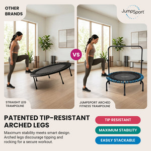 JumpSport 350 Series 39" Trampoline & Handle Bar Bundle, 30 Adjustable Bungees, Stable No-Tip Arched Legs, & 60 Day Streaming Trial
